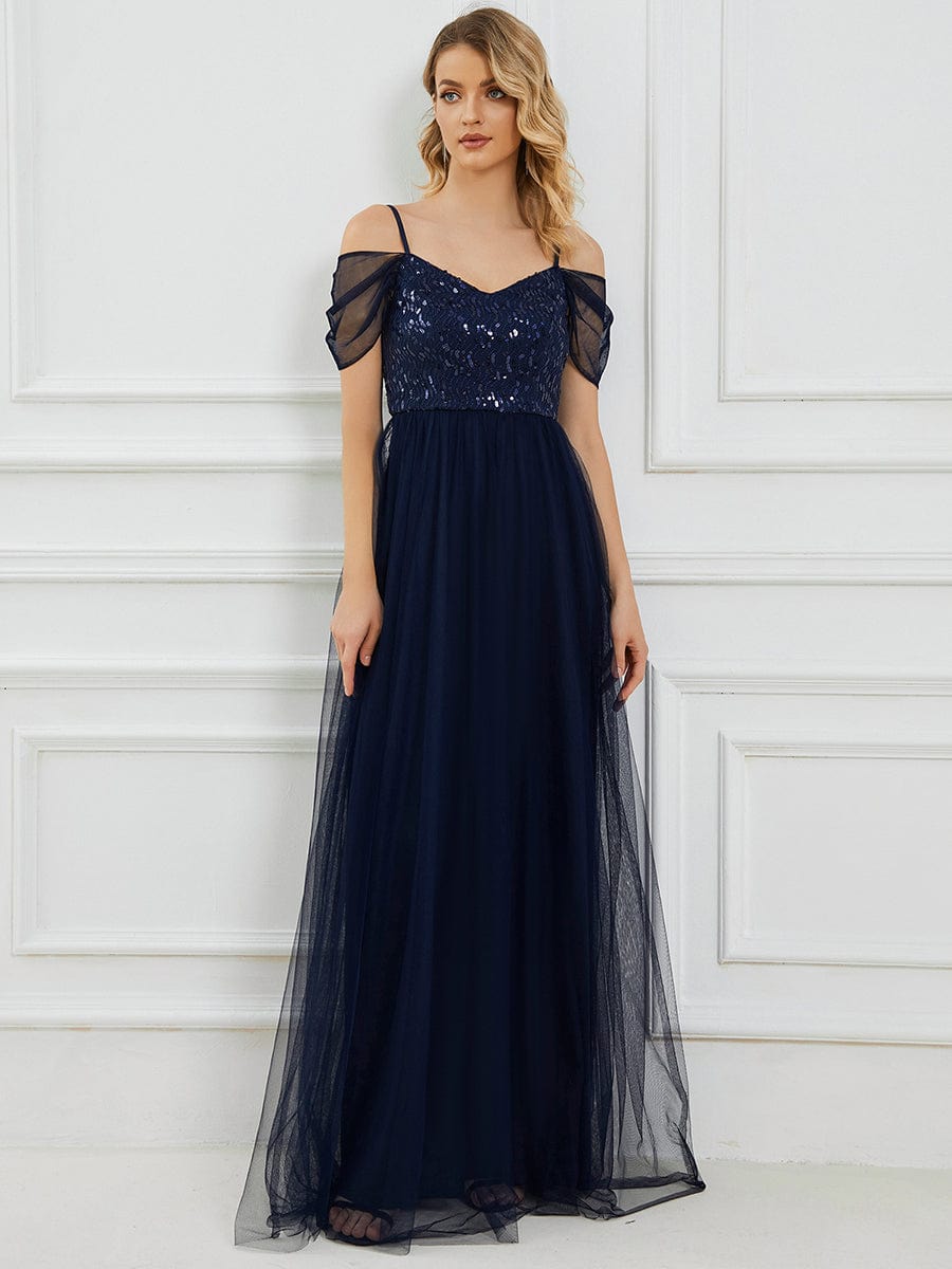 Custom Size Sequin Bodice Cold Shoulder Floor Length Tulle Bridesmaid Dress #color_Navy Blue