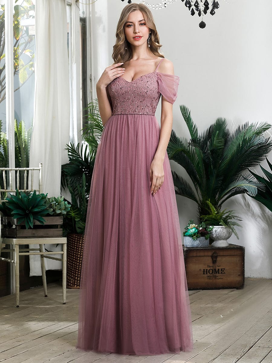 Custom Size Sequin Bodice Cold Shoulder Floor Length Tulle Bridesmaid Dress #color_Purple Orchid