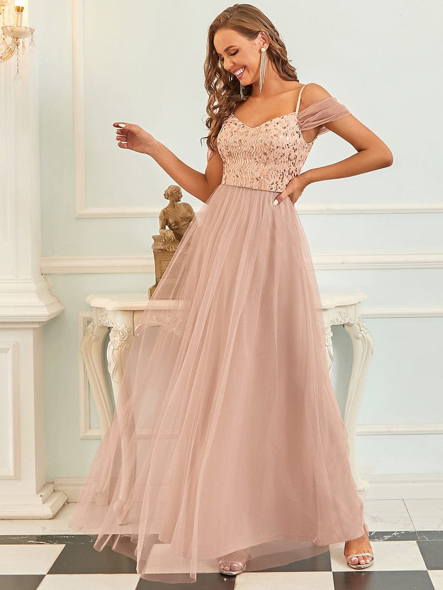 Custom Size Sequin Bodice Cold Shoulder Floor Length Tulle Bridesmaid Dress #color_Rose Gold