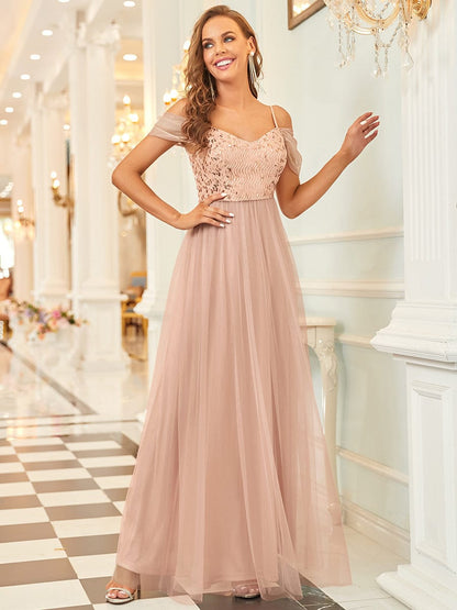 Custom Size Sequin Bodice Cold Shoulder Floor Length Tulle Bridesmaid Dress #color_Rose Gold