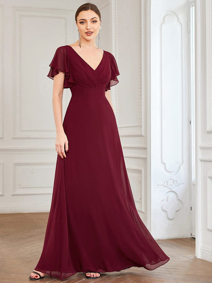 Short Ruffle Sleeve V-Neck Pleated Chiffon A-Line Evening Dress #color_Burgundy 