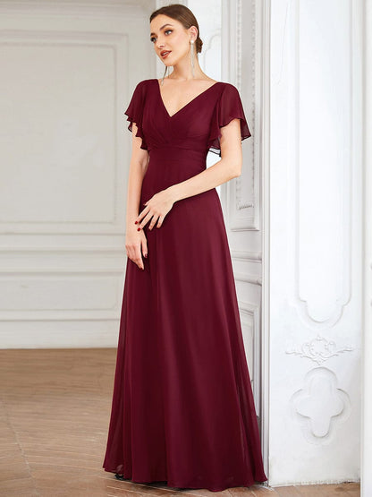 Short Ruffle Sleeve V-Neck Pleated Chiffon A-Line Evening Dress #color_Burgundy 