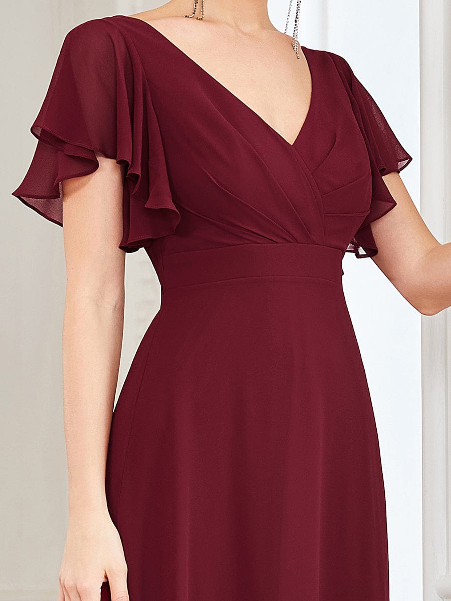 Custom Size Short Ruffle Sleeve Pleated Chiffon A-Line Evening Dress #color_Burgundy