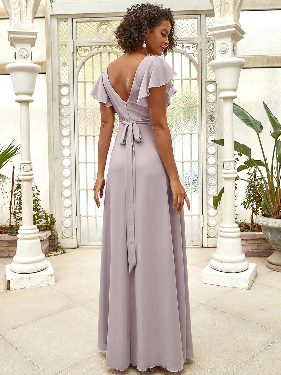 Short Ruffle Sleeve V-Neck Pleated Chiffon A-Line Evening Dress #color_Lilac 