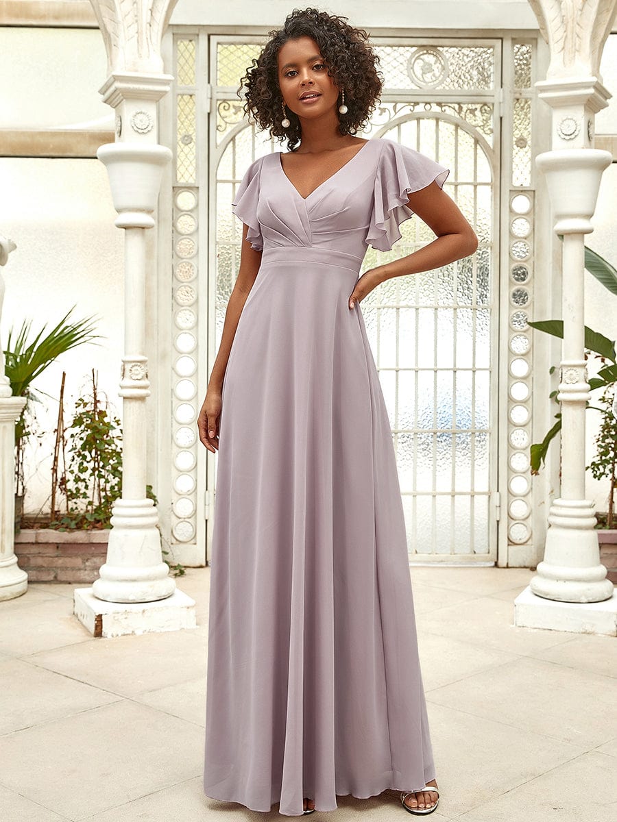 Short Ruffle Sleeve V-Neck Pleated Chiffon A-Line Evening Dress #color_Lilac 