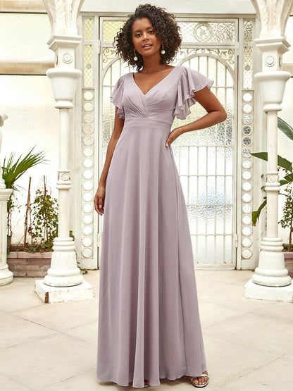 Short Ruffle Sleeve V-Neck Pleated Chiffon A-Line Evening Dress #color_Lilac 