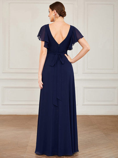 Short Ruffle Sleeve V-Neck Pleated Chiffon A-Line Evening Dress #color_Navy Blue 