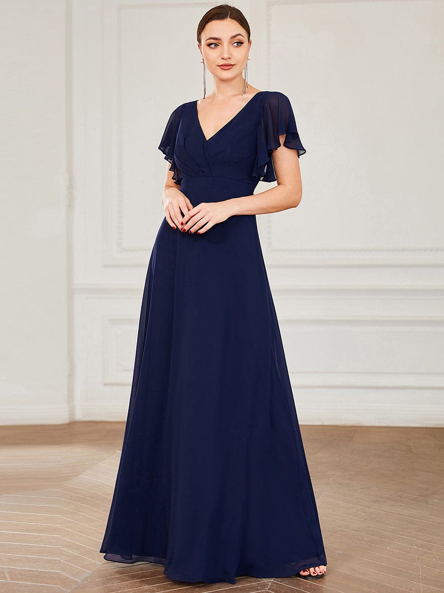 Short Ruffle Sleeve V-Neck Pleated Chiffon A-Line Evening Dress #color_Navy Blue 