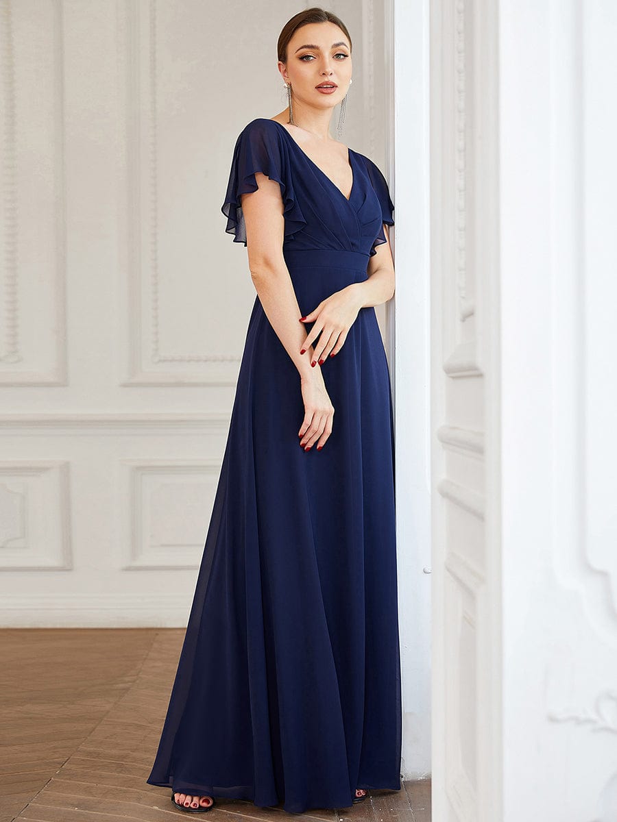 Short Ruffle Sleeve V-Neck Pleated Chiffon A-Line Evening Dress #color_Navy Blue 