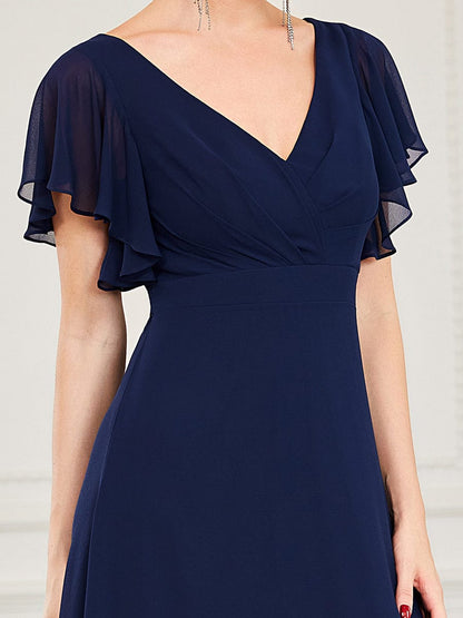 Custom Size Short Ruffle Sleeve Pleated Chiffon A-Line Evening Dress #color_Navy Blue