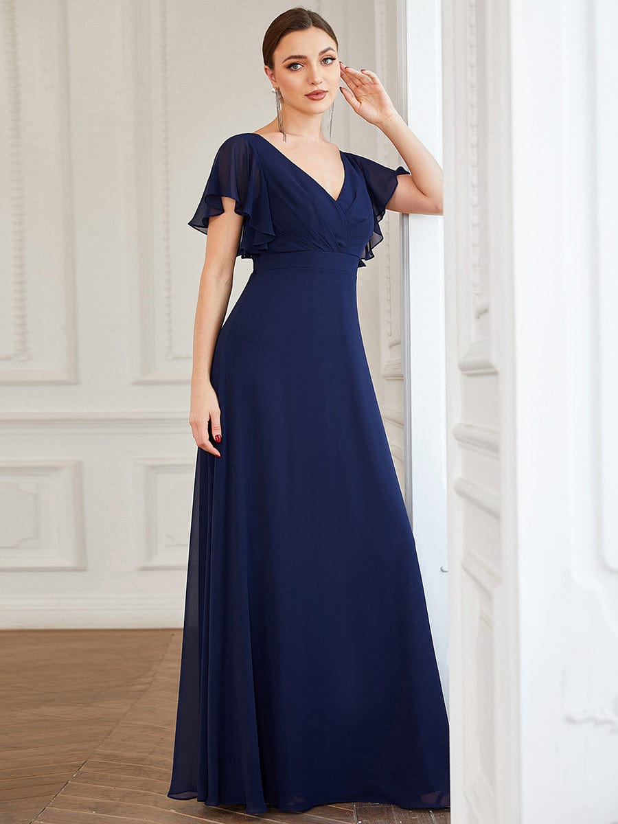 Custom Size Short Ruffle Sleeve Pleated Chiffon A-Line Evening Dress #color_Navy Blue