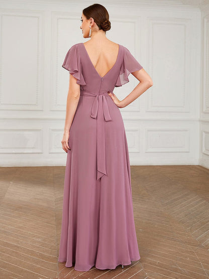 Custom Size Short Ruffle Sleeve Pleated Chiffon A-Line Evening Dress #color_Purple Orchid