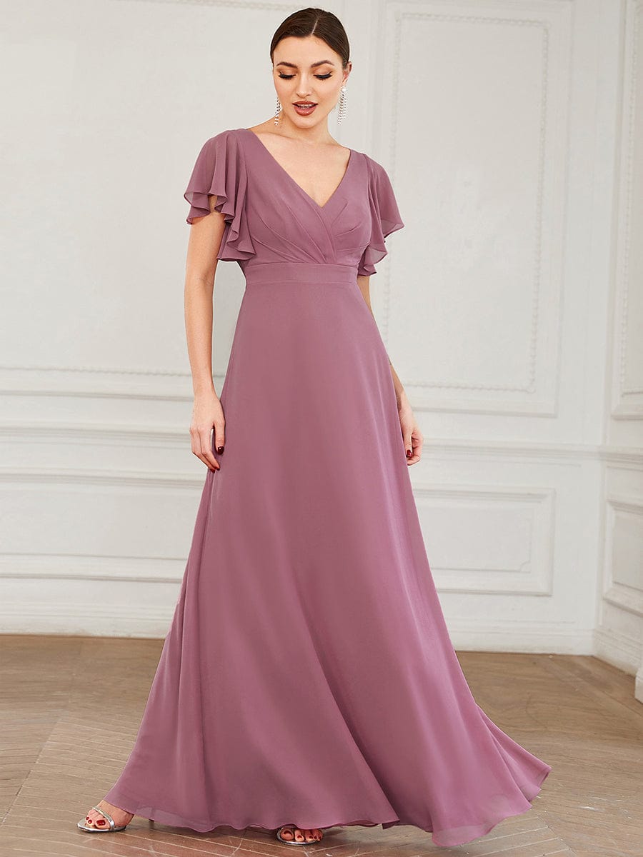 Short Ruffle Sleeve V-Neck Pleated Chiffon A-Line Evening Dress #color_Purple Orchid 