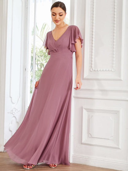 Short Ruffle Sleeve V-Neck Pleated Chiffon A-Line Evening Dress #color_Purple Orchid 