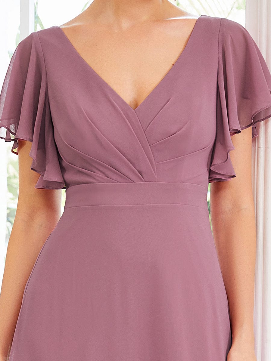 Short Ruffle Sleeve V-Neck Pleated Chiffon A-Line Evening Dress #color_Purple Orchid 