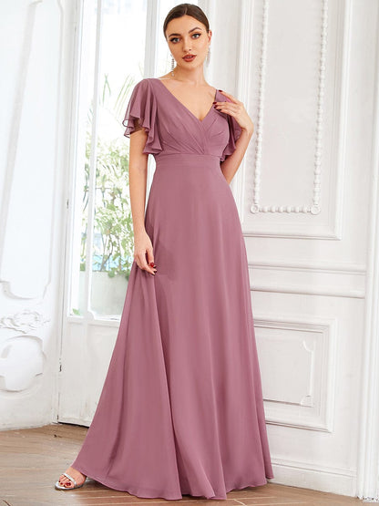 Short Ruffle Sleeve V-Neck Pleated Chiffon A-Line Evening Dress #color_Purple Orchid 