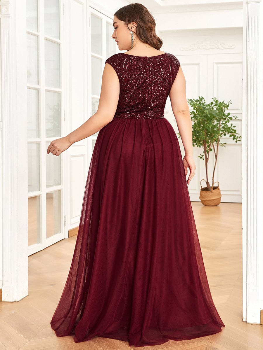 Custom Size Sequin Illusion Plunging V-Neckline Sleeveless A-Line Tulle Evening Dress #color_Burgundy 