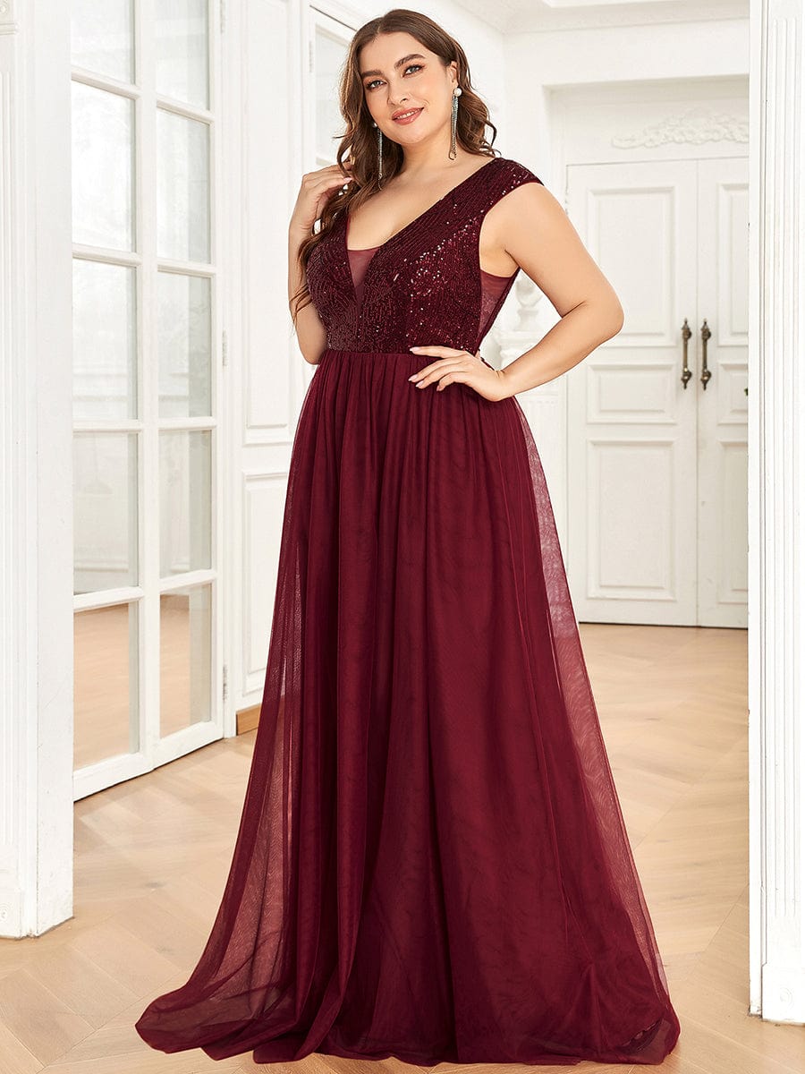 Custom Size Sequin Illusion Plunging V-Neckline Sleeveless A-Line Tulle Evening Dress #color_Burgundy 