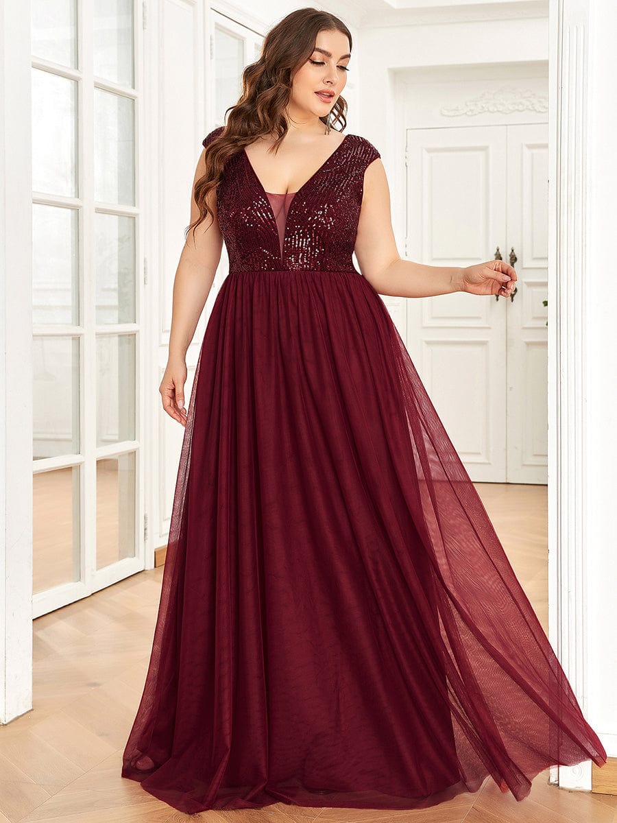 Custom Size Sequin Illusion Plunging V-Neckline Sleeveless A-Line Tulle Evening Dress #color_Burgundy 