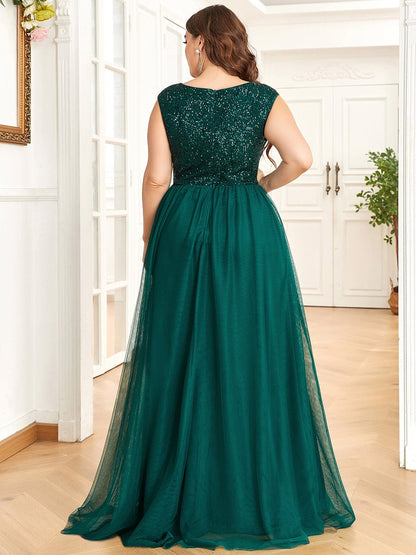 Custom Size Sequin Illusion Plunging V-Neckline Sleeveless A-Line Tulle Evening Dress #color_Dark Green 