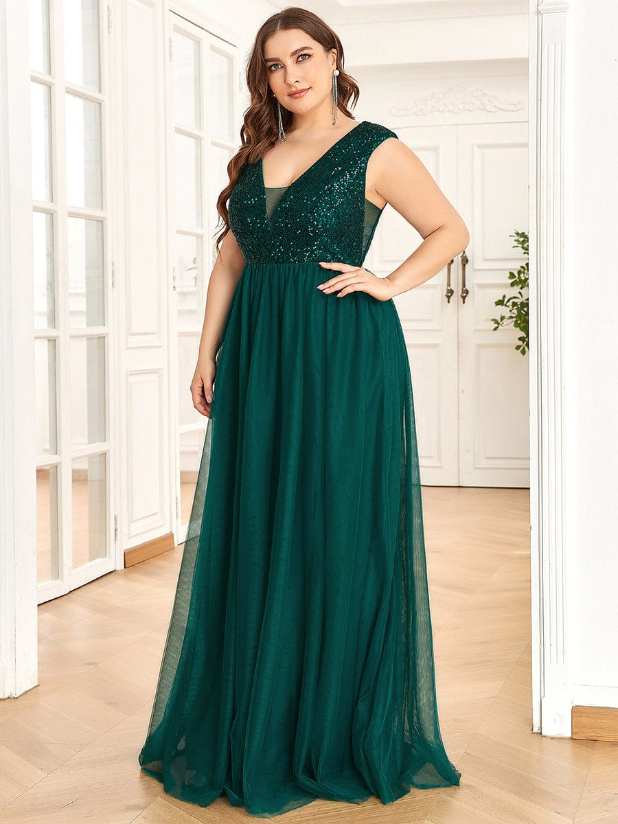 Custom Size Sequin Illusion Plunging V-Neckline Sleeveless A-Line Tulle Evening Dress #color_Dark Green 