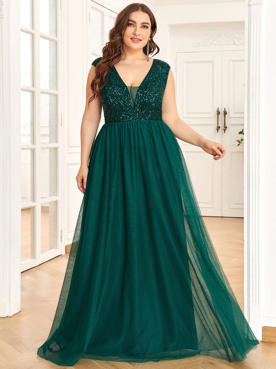 Custom Size Sequin Illusion Plunging V-Neckline Sleeveless A-Line Tulle Evening Dress #color_Dark Green 