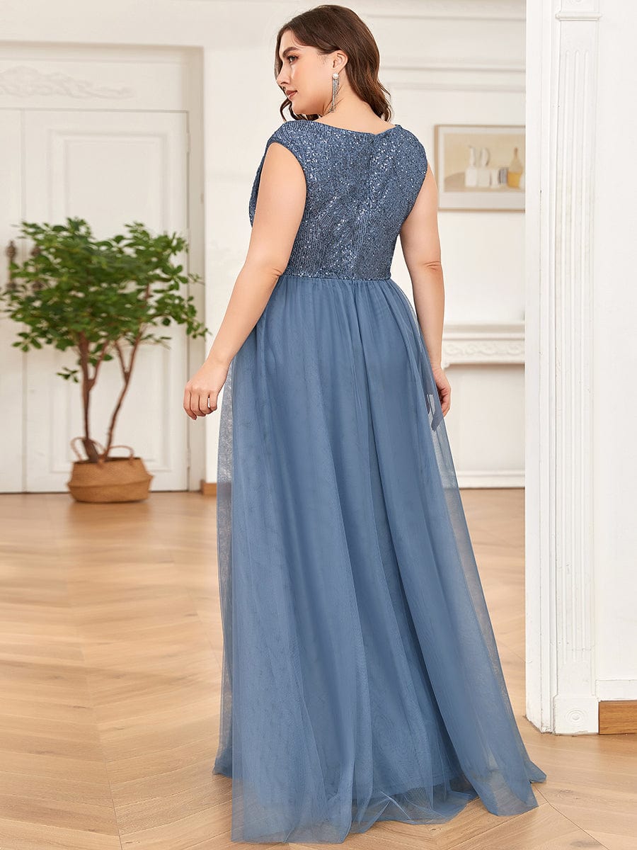 Custom Size Sequin Illusion Plunging V-Neckline Sleeveless A-Line Tulle Evening Dress #color_Dusty Navy 