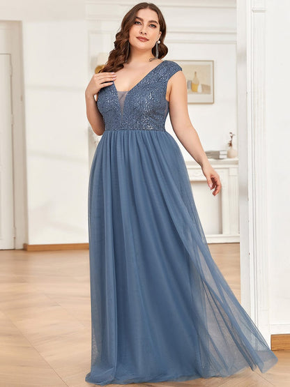 Custom Size Sequin Illusion Plunging V-Neckline Sleeveless A-Line Tulle Evening Dress #color_Dusty Navy 