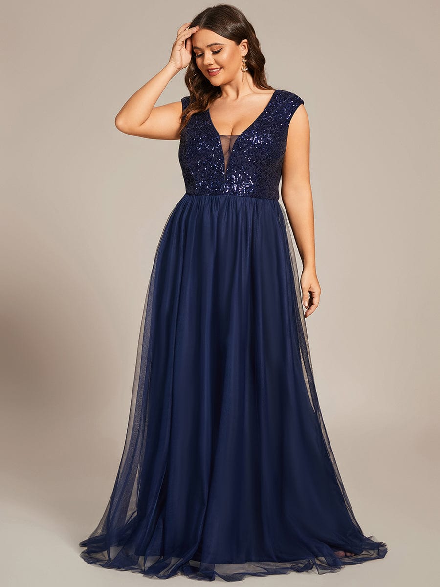 Custom Size Sequin Illusion Plunging V-Neckline Sleeveless A-Line Tulle Evening Dress #color_Navy Blue 