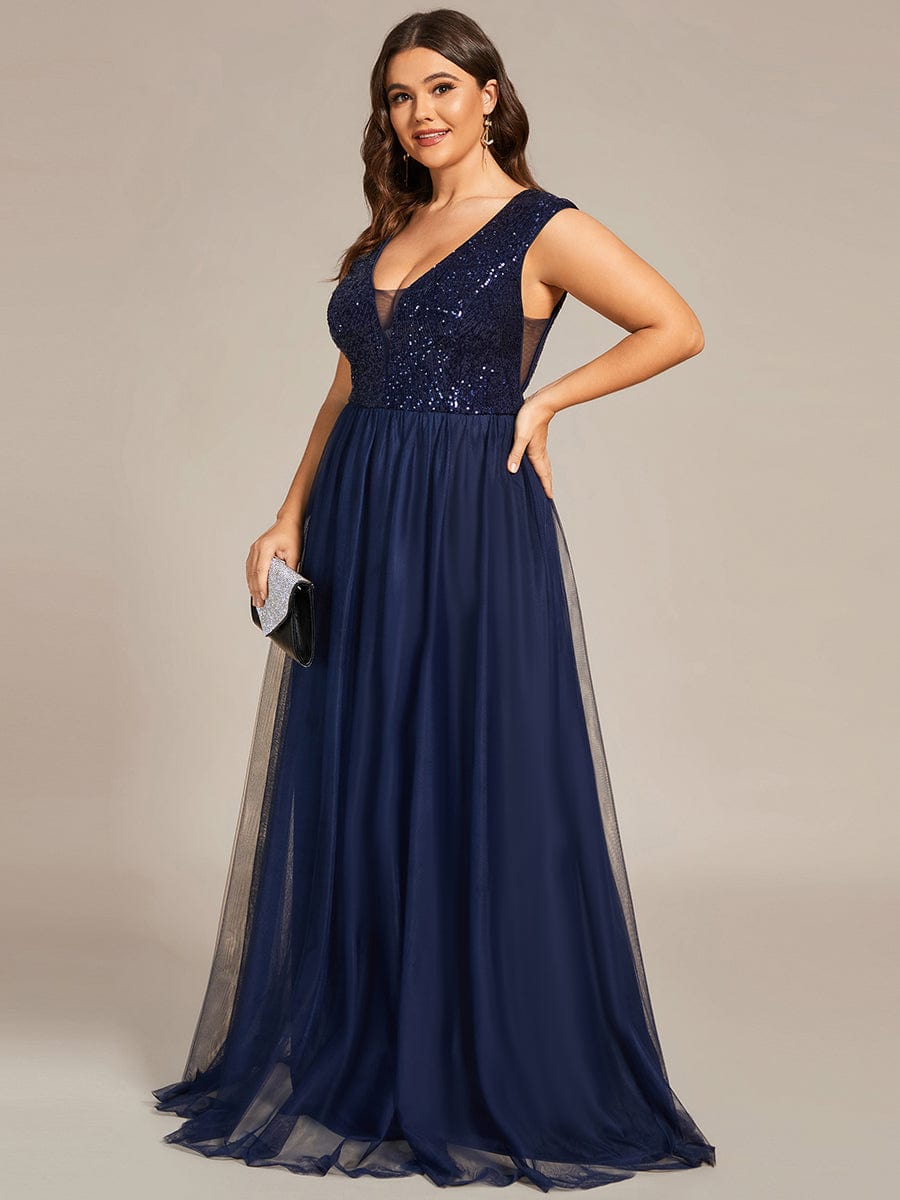 Custom Size Sequin Illusion Plunging V-Neckline Sleeveless A-Line Tulle Evening Dress #color_Navy Blue 