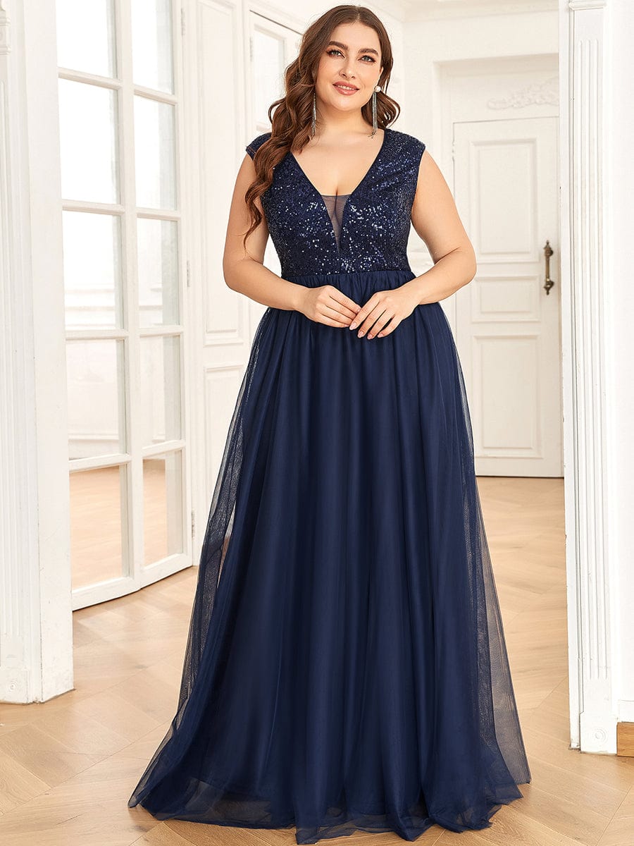 Custom Size Sequin Illusion Plunging V-Neckline Sleeveless A-Line Tulle Evening Dress #color_Navy Blue 