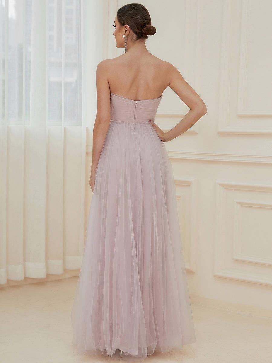 Strapless Ruched Tulle High Slit Floor-Length Evening Dress #color_Lilac 