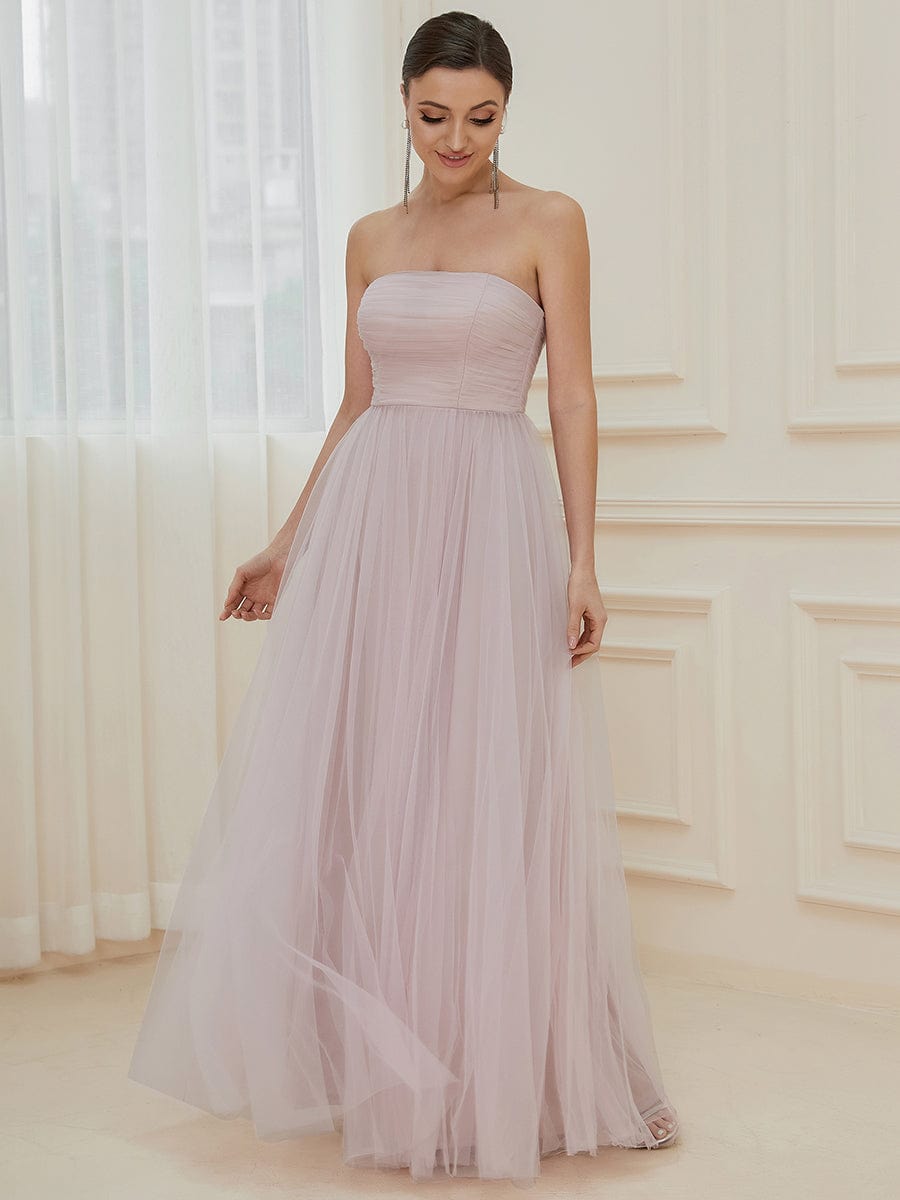 Strapless Ruched Tulle High Slit Floor-Length Evening Dress #color_Lilac 