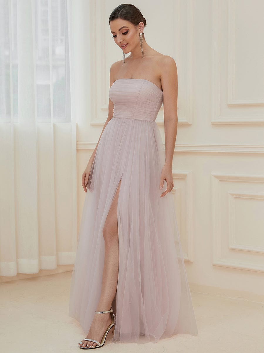 Strapless Ruched Tulle High Slit Floor-Length Evening Dress #color_Lilac 