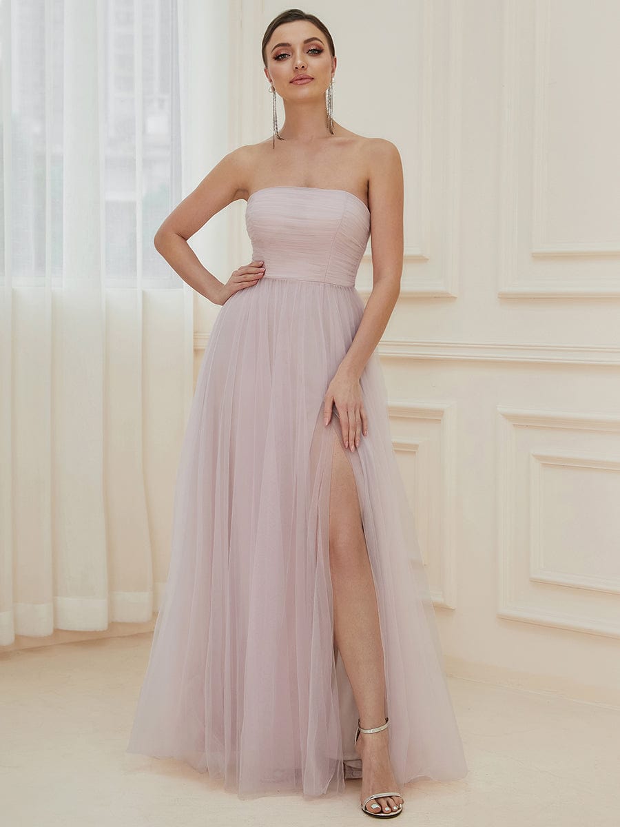 Strapless Ruched Tulle High Slit Floor-Length Evening Dress #color_Lilac 