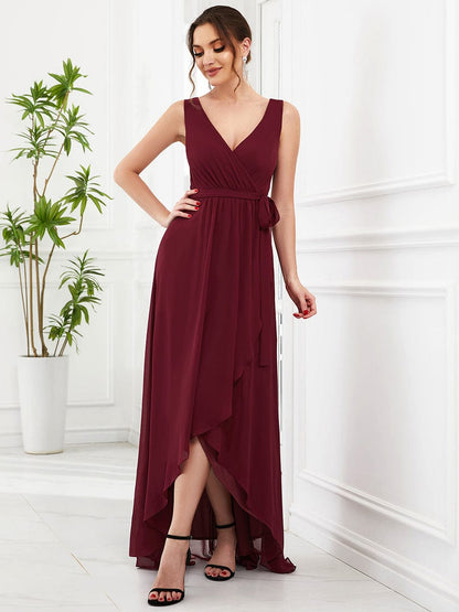 Chiffon Sleeveless Front Slit V-Neck Layered Evening Dress #Color_Burgundy