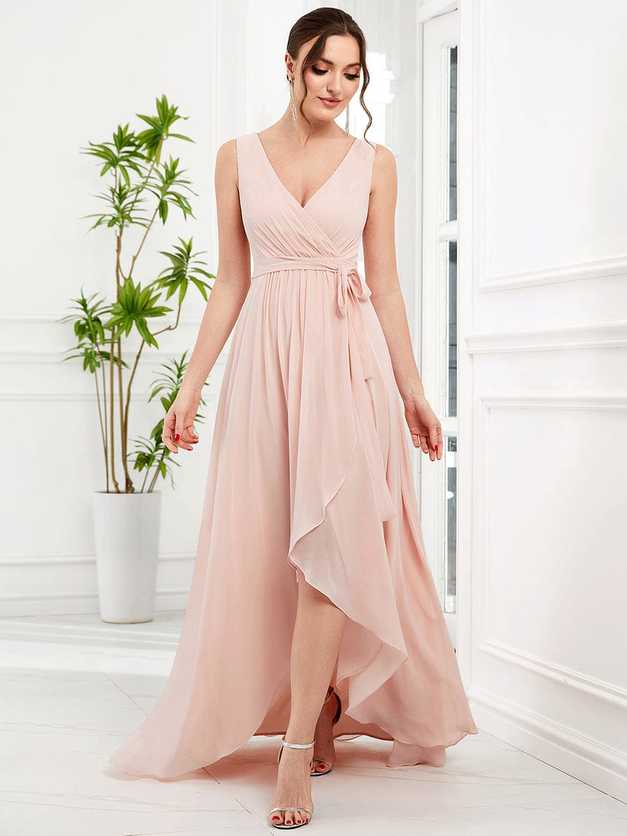 Chiffon Sleeveless Front Slit V-Neck Layered Evening Dress #Color_Pink