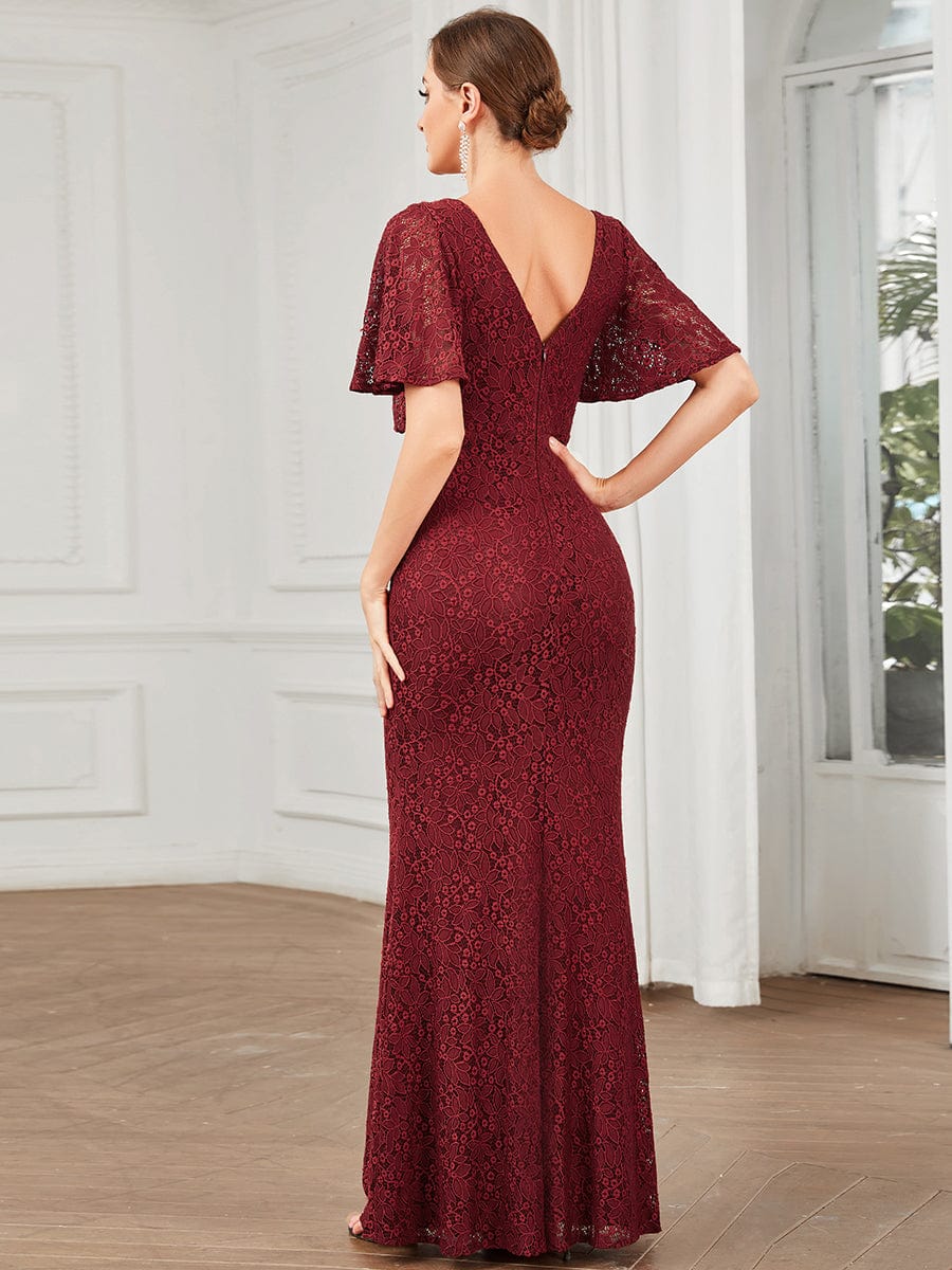 Short Cape Sleeve Embroidered Lace Bodycon Evening Dress #color_Burgundy