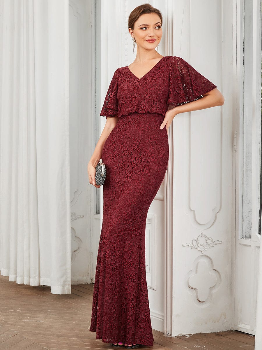 Short Cape Sleeve Embroidered Lace Bodycon Evening Dress #color_Burgundy