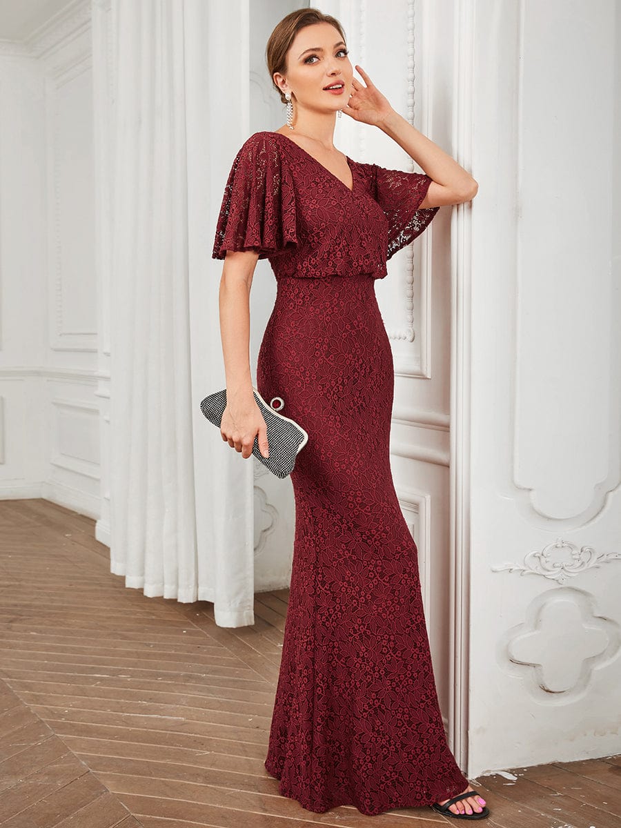 Short Cape Sleeve Embroidered Lace Bodycon Evening Dress #color_Burgundy