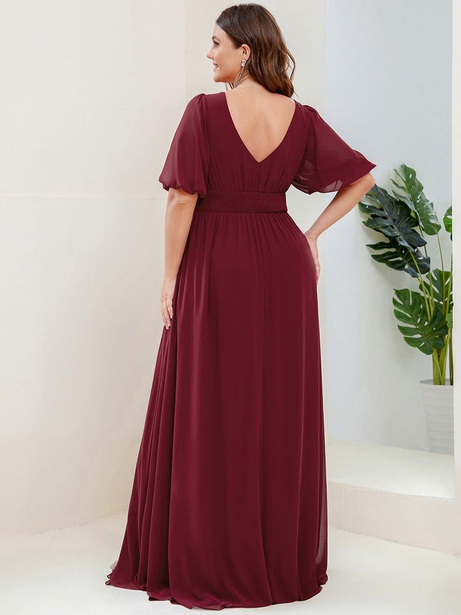 Chiffon Illusion V-Neck Flutter Sleeve Front Slit Evening Dress #Color_Burgundy