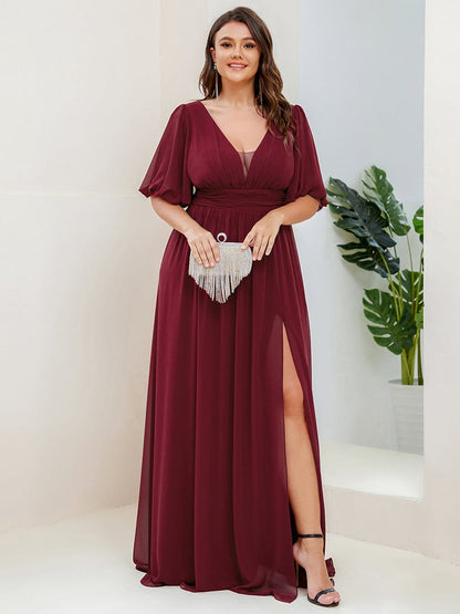 Plus Size V-Neck Front Slit Chiffon Evening Dress #Color_Burgundy