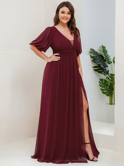 Custom Size V-Neck Front Slit Chiffon Evening Dress #Color_Burgundy