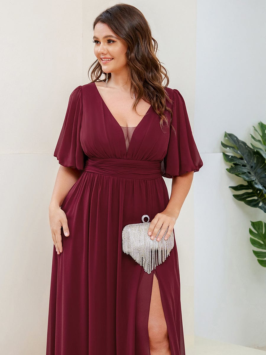 Chiffon Illusion V-Neck Flutter Sleeve Front Slit Evening Dress #Color_Burgundy