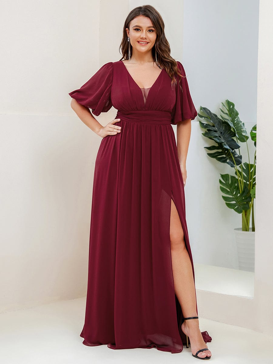 Chiffon Illusion V-Neck Flutter Sleeve Front Slit Evening Dress #Color_Burgundy