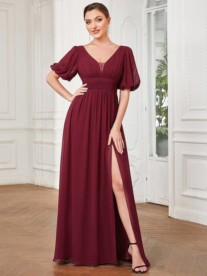 Chiffon Illusion V-Neck Flutter Sleeve Front Slit Evening Dress