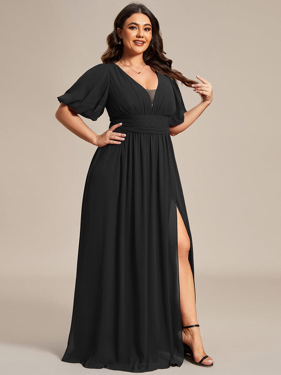 Plus Size V-Neck Front Slit Chiffon Evening Dress #Color_Black