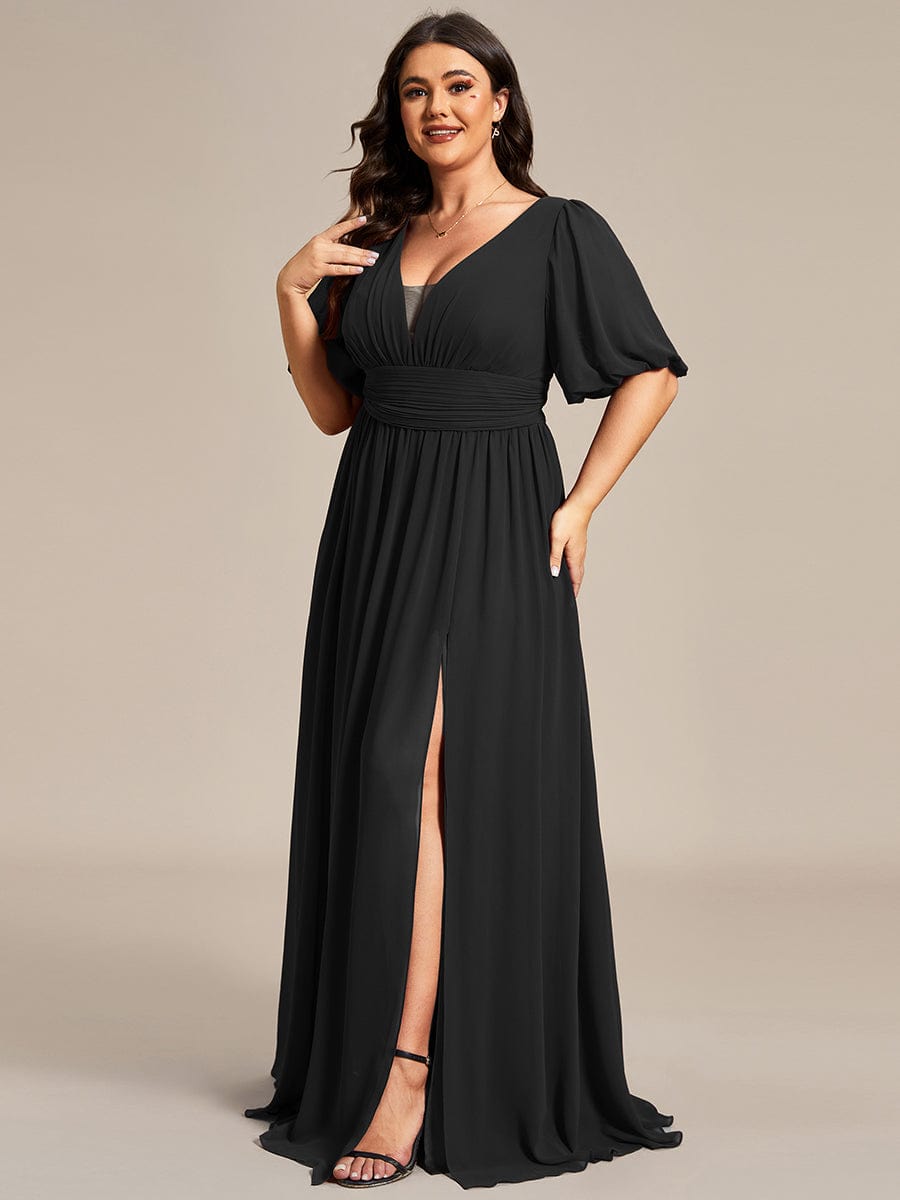 Plus Size V-Neck Front Slit Chiffon Evening Dress #Color_Black