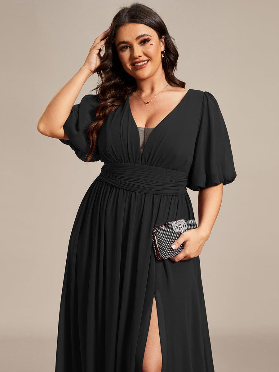 Plus Size V-Neck Front Slit Chiffon Evening Dress #Color_Black