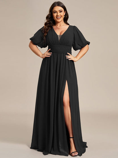 Custom Size V-Neck Front Slit Chiffon Evening Dress #Color_Black